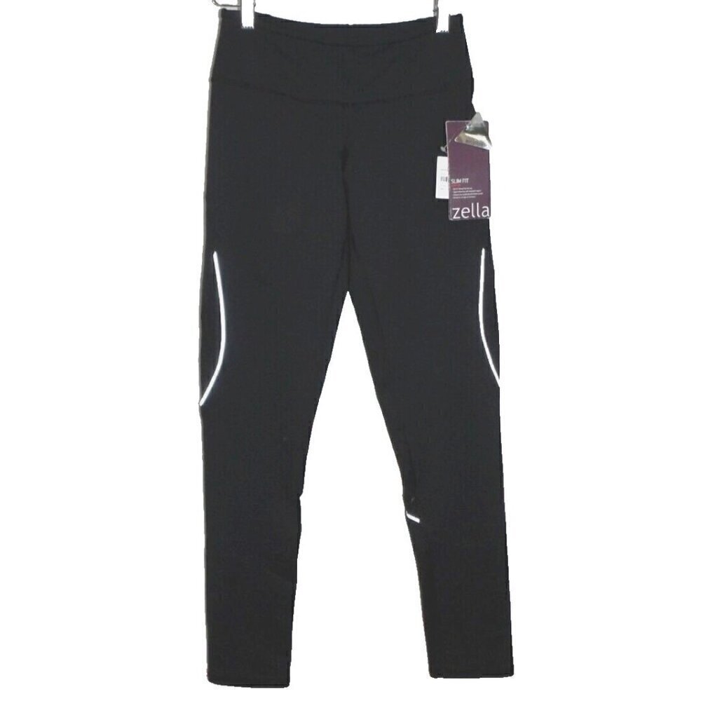 ZELLA slim fit black leggings with reflective trim 28" inseam women's size S NEW